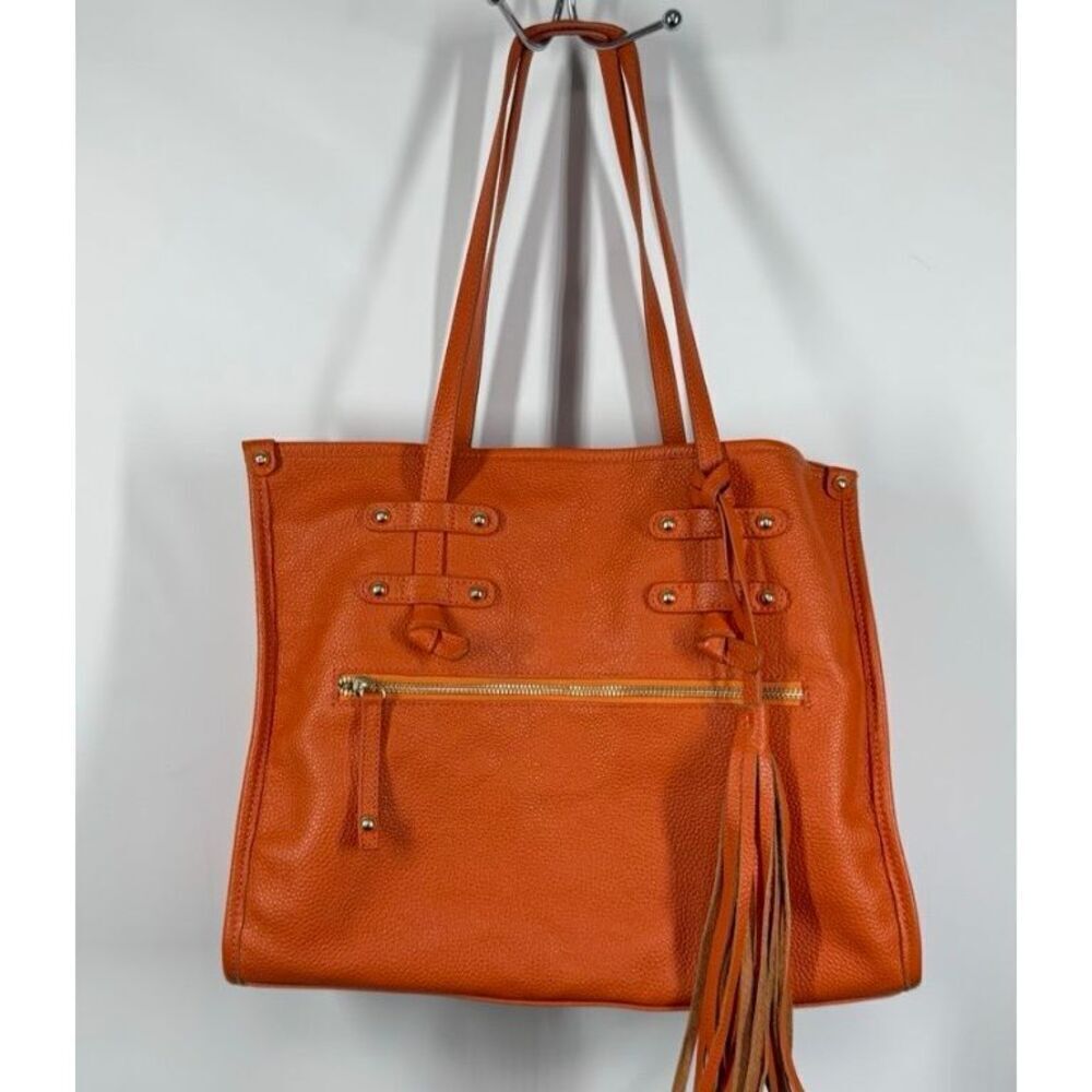 LAGGO Siena-Orange Pebble Leather Tote Bag W/ Front Zipper Pocket, Tassel & Gold